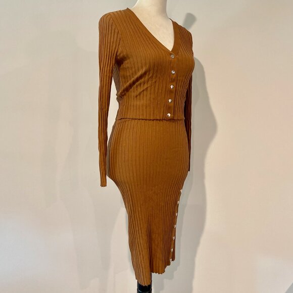 Mustard Brown Ribbed Knit Crop Long Sleeve & High waist Pencil Skirt Coords Set - Picture 4 of 7